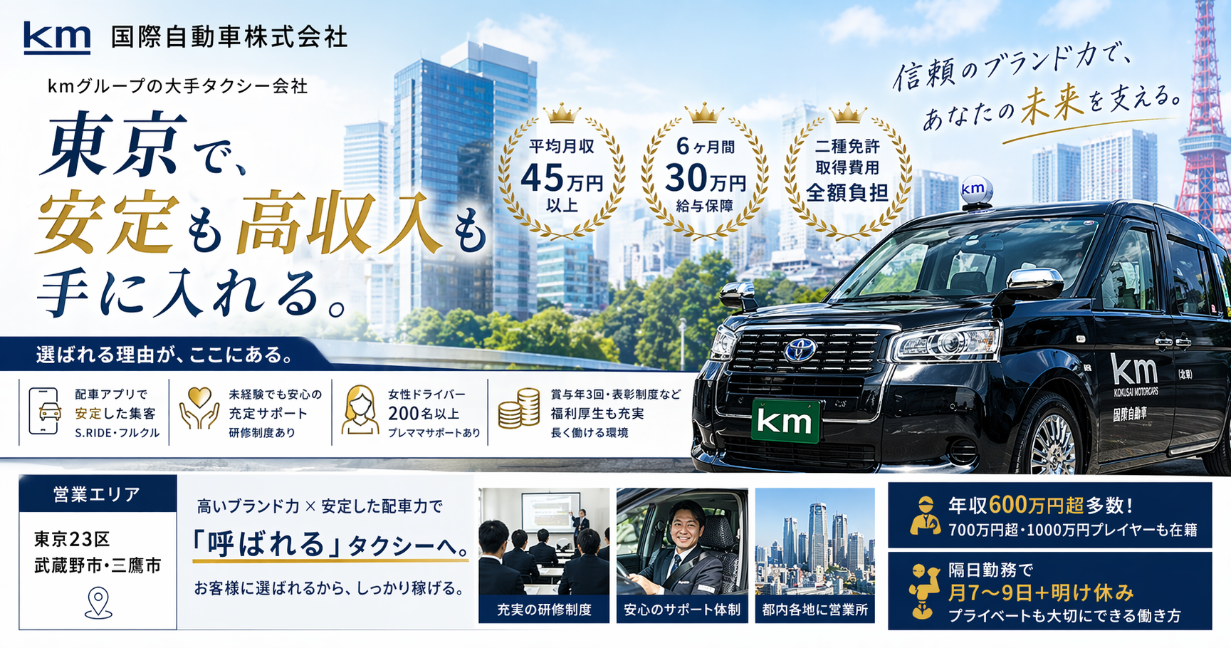 【業界最大手!年収600万円超も多数】未経験から稼げる!国際自動車のタクシードライバー募集